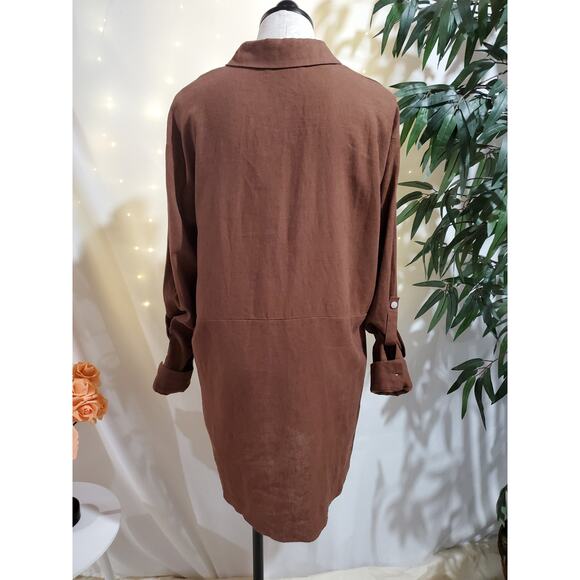 Tahari Linen 1/2 Button Popover Tunic Top Womens Size M Lagenlook Roll Tab Brown - Picture 4 of 7